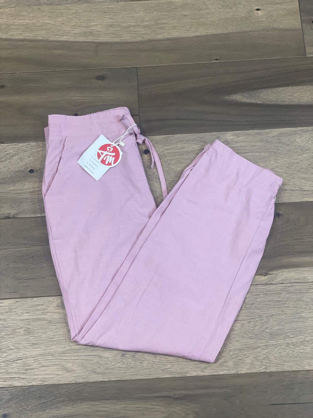 Tanming Pink Size M Cropped Pants Elastic Waist Drawstring Cotton Linen Blend